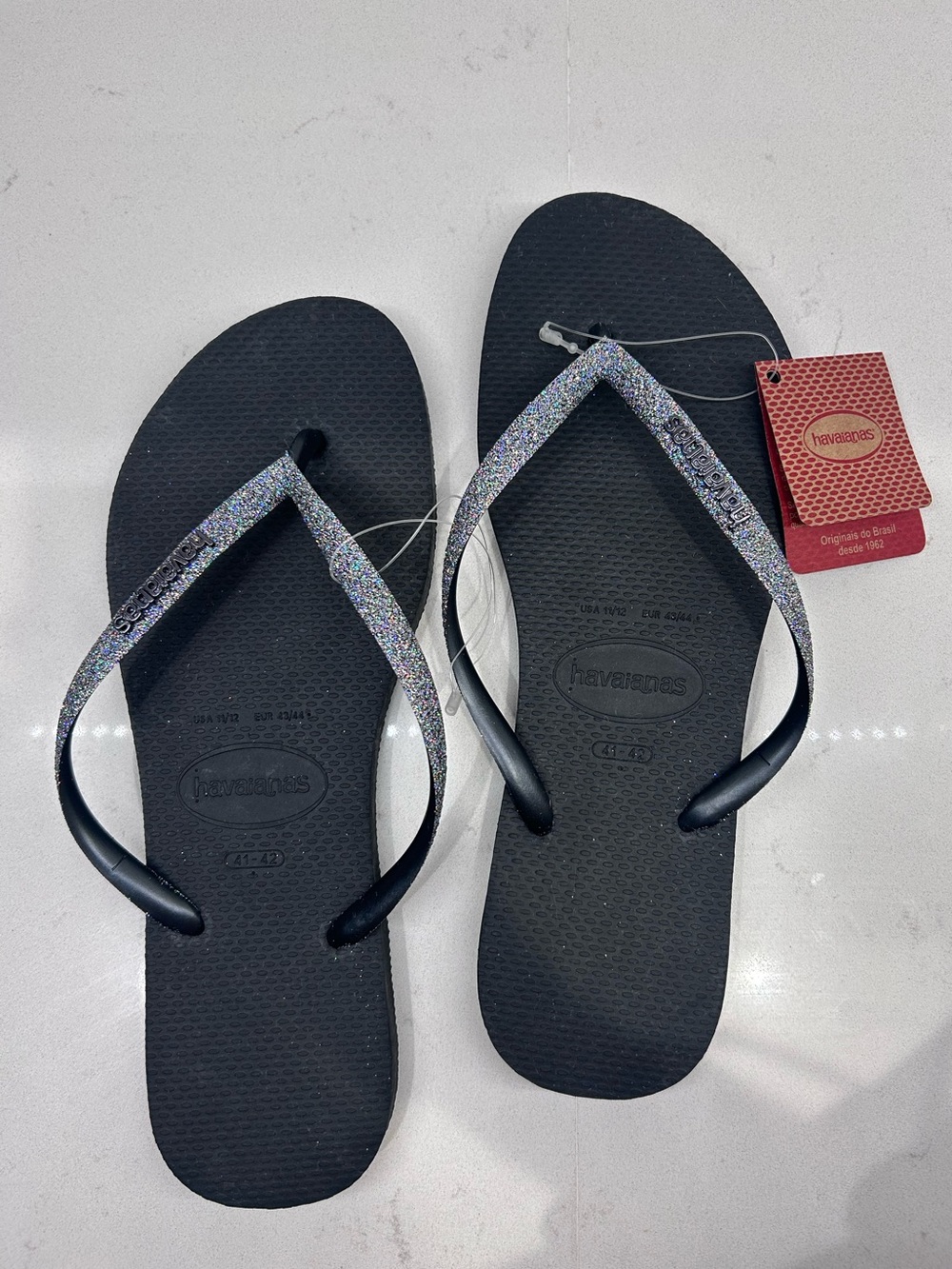 NWT Havaianas Womens Slim Glitter II Flip Flops Black/​Dark Grey Metallic